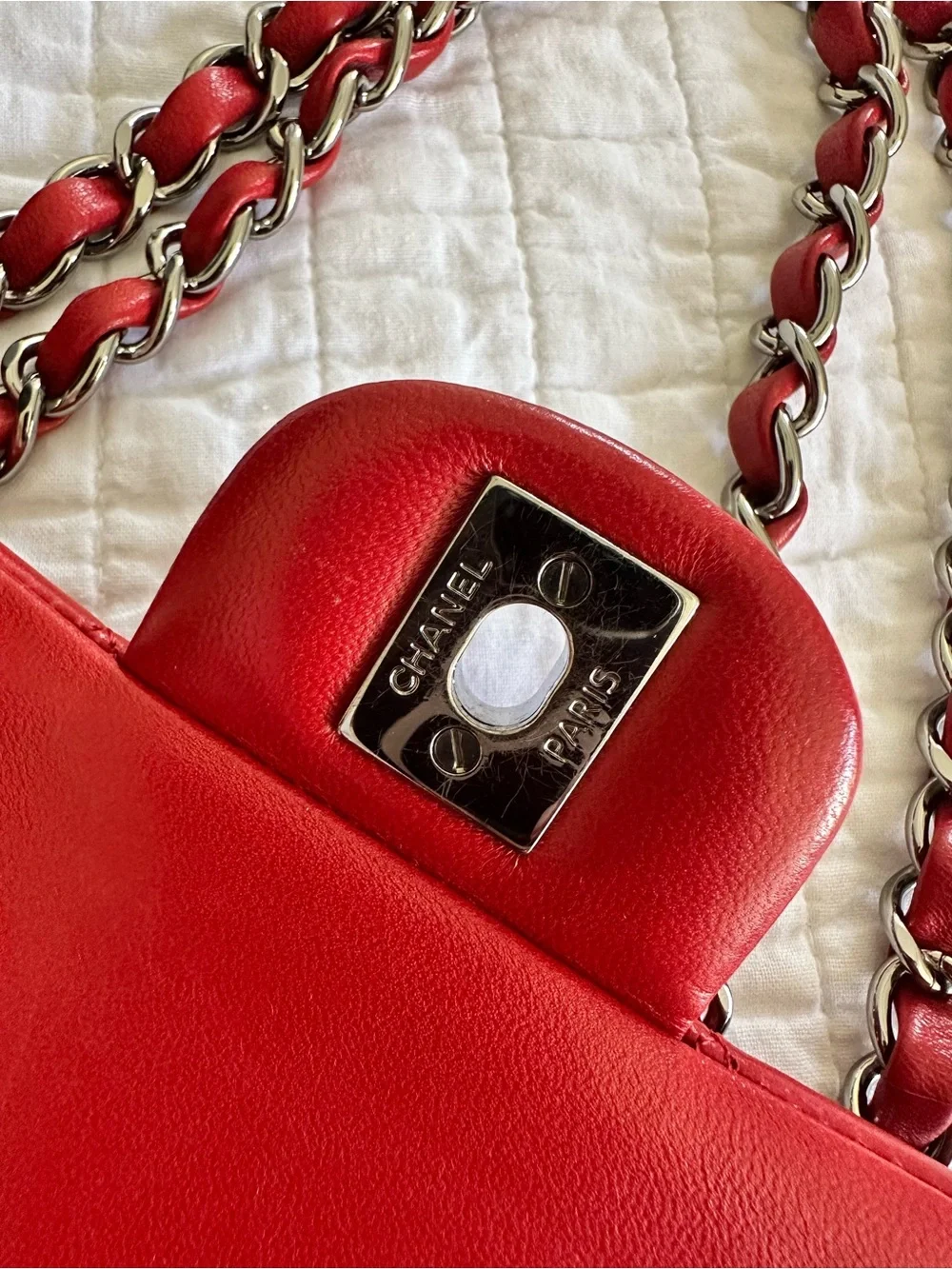 CHANEL Classic Quilted Lambskin Medium Double Flap Red Excellent Condition